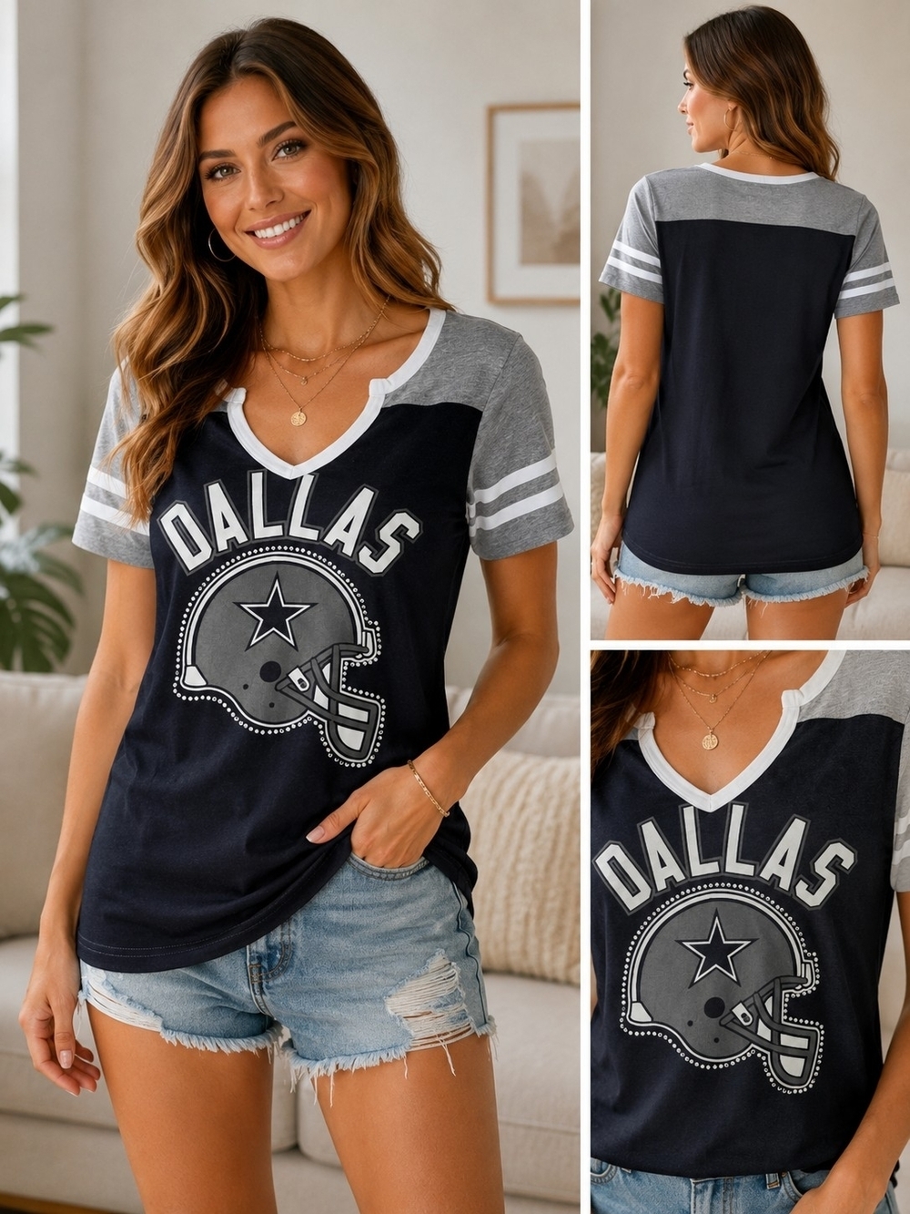 Dallas V-Neck Football Jersey Tee - Navy & Gray